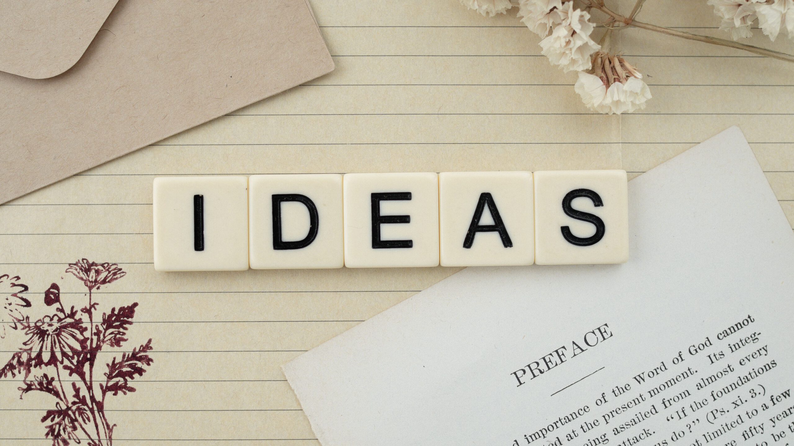 Close-up of word tiles spelling 'IDEAS' on a lined paper background with vintage elements.